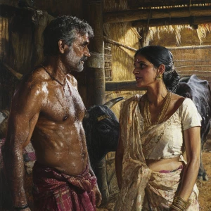 hyperrealistic painting 1:1, a robust, muscular village chief, g...