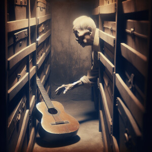 An old guitar lies in a small, dingy closet, enveloped in a haun...