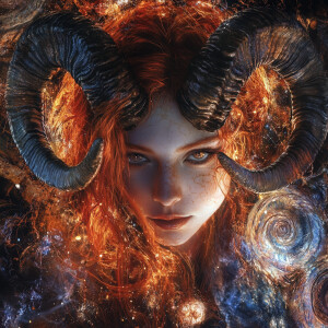 Hyper-realistic portrait of a fierce female embodying Aries, wit...