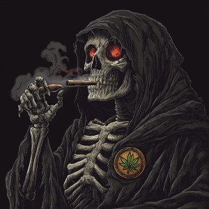 The highly detailed digital illustration depicts a sinister skel...