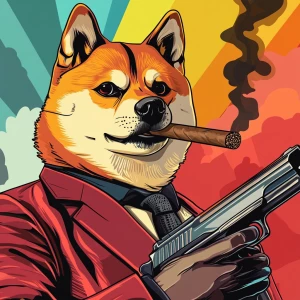 MEME DOGE in GTA art style, Doge hold a big gun and smoke a cig...