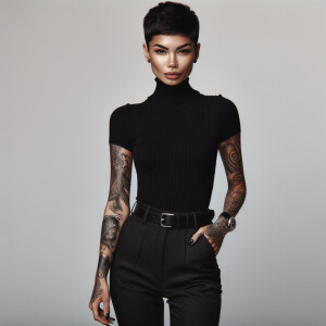 A beautiful Puerto Rican woman, with short hair and tattoos, she has tight black pants on and staletros high heels on.  looking at the camera. This image is taken with a canon high resolution for the camera.