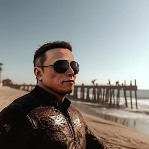 Sloths slerf meme..Elon musk standing on a pier on a sunny Calif...