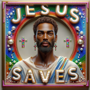 "Create a 3D realistic artwork featuring the phrase 'Jesus Saves...