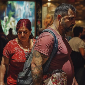 Photorealism,hyperrealismA sweaty beefy man walking with his 54...