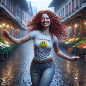 a hyperrealistic image of a curly redhead woman who sells vegeta...