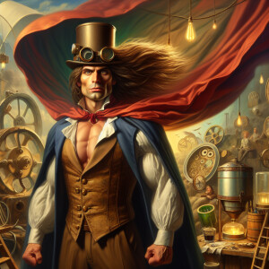 Oil painting, future, muscles, cape, hero, steampunk, long hair,...