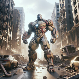 hulk with arms, chest, legs is a robot in the middle of a city d...