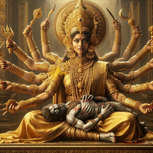 portrait of angry looking, four-armed indian goddess sitting on...