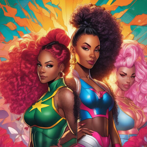 Craft a vivid description of the superhero trio featuring Asha W...