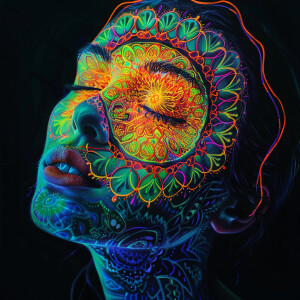 A woman’s head on portrait with her face illuminated by a glowin...