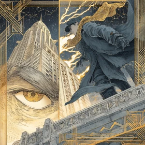 A manga Art Deco fusion of an anime detective on a gilded gargoy...