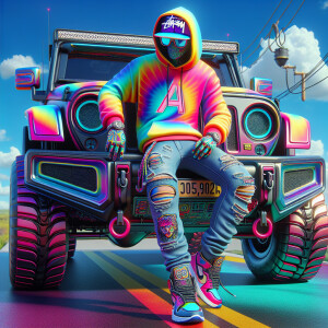 Create a colorful/psyscadelic character of Stuey wearing a Nike...