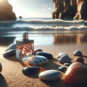 Make video add of ZiNars perfume bottle on beach sand with beaut...