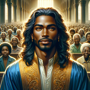 Illustrate an inspiring African-American Jesus crust with a dign...