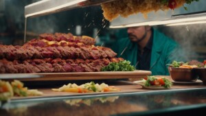 человек поедающий шашлык вместе с шампуром