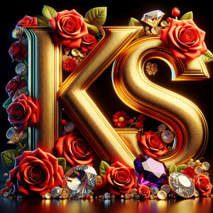 Create a 3-D realistic image with the letters  K.S. in gold raised letters and add some red roses. Add diamonds and colorful jewels