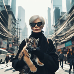 An elderly woman with sunglasses, dressed in a black coat and sc...