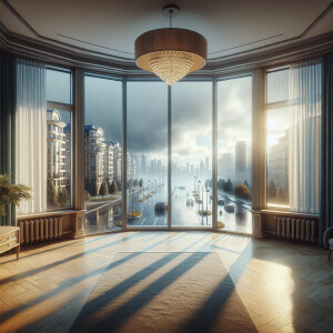 Interior of bright room with windows overlooking the Chertanovo...