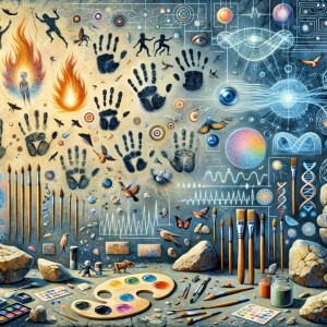 Cave Art with Handprints symbols for fire, water and air, macro, circuitry, cellular structures, DNA paint brushes and art pallets small birds, flying cardiogram print out slide detector print electromagnetic fields linear grid golden ratio