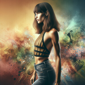 Athletic Thin skinny Attractive, Asian teenage girl, long brown hair and bangs, wearing tight skinny jeans and a halter top paint marks on her clothing, heroic pose Asian graffiti background, side view