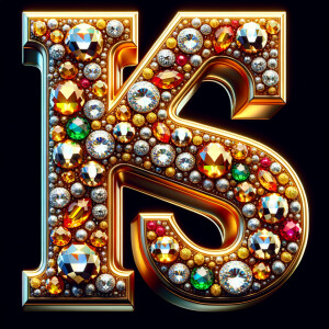 Create a 3-D realistic image with the letters  K.S. in gold raised letters , Add diamonds and colorful jewels