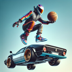 Speed racer jumping over a Lamborghini with a basketball in his...