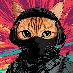 A wide-eyed ginger cat wearing a black tactical balaclava (or ma...