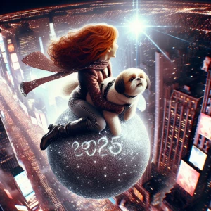 Ginger haired woman riding 2025 New Years Eve NYC Ball in Times...