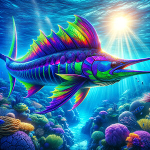 Purple and neon green fish with a blue marlin