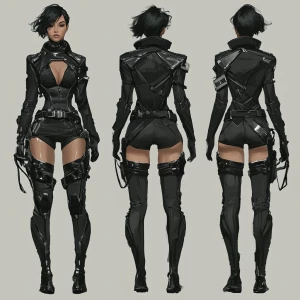 A digital art character design sheet showcasing a futuristic fem...