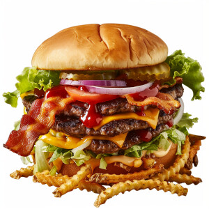 Create an image of a double cheeseburger topped with crispy baco...