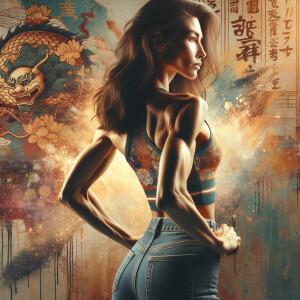 Athletic Thin skinny Attractive, Asian teenage girl, long brown hair and bangs, wearing tight skinny jeans and a halter top paint marks on her clothing, heroic pose Asian graffiti background, backside view