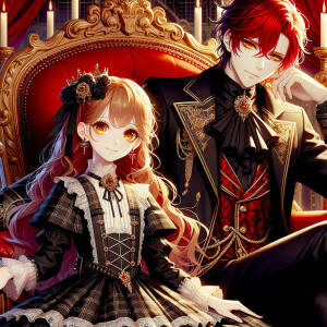 Lilith as a girl with elegant gothic lolita dress sit on the lap of handsome lucifer, the girl has red hair and golden eyes, thrones, red elegant luxury background