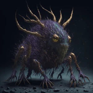 A shimmering crystal crawler, its jagged edges encrusted with dirt and grime, emerges from a murky background in an acrylic painting. The main subject of this image is a creature resembling a mix of an insect and a precious gemstone. The painting showcases rich textures and vibrant colors, with the crawler's facets gleaming against a backdrop of earthy tones. The attention to detail and expert lighting in this piece elevate it to a striking work of art, inviting viewers to delve into the intricate world of this mysterious creature.