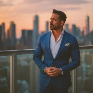 The image captures a well-dressed man standing on a high-rise ba...