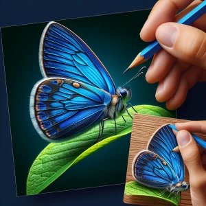 A close-up of a vibrant blue butterfly perched on a leaf, with i...