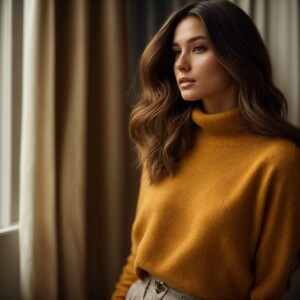 A young woman with long, wavy brown hair, wearing a mustard yell...