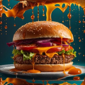 An Angus beef, hamburger patty dripping with sizzling juice