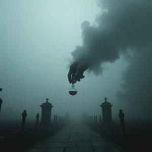 A spectral hand emerging from billowy clouds above a fog-enshrou...