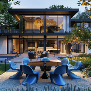 A luxurious modern house with a stylish backyard featuring a cir...