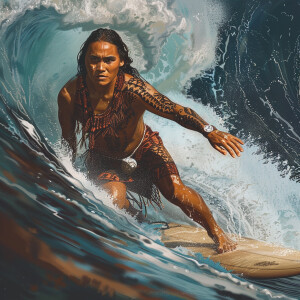 A Maori female surfer confidently rides a large wave, her eyes f...