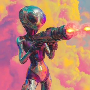 Create an image of a female alien with an arm transformed into a...