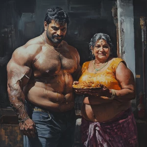 Realistic painting,a muscular beefy ,sweaty criminal celebrating...