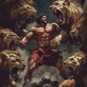 Create an image depicting a muscular Daniel battling lions after being thrown in the lions den