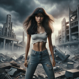 Skinny and thin Asian teen girl wearing skin tight jeans that are worn and frayed, long hair and bangs heroic ready to fight stance