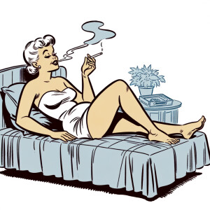 Nude woman lying on her bed smoking a cigarette