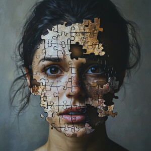 A woman with a perfectly realistic body, but her face is made of...