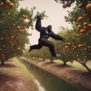 A large Bigfoot-like creature with black fur, swinging through t...