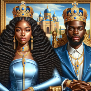 Create a 3-D realistic oil, painting of a African-American Royal...
